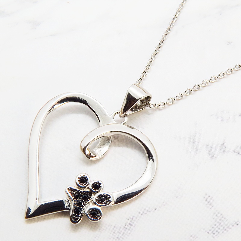 猫ネックレス オープンハートネックレス ハートに肉球のワンポイント シルバー925 キュービックジルコニア