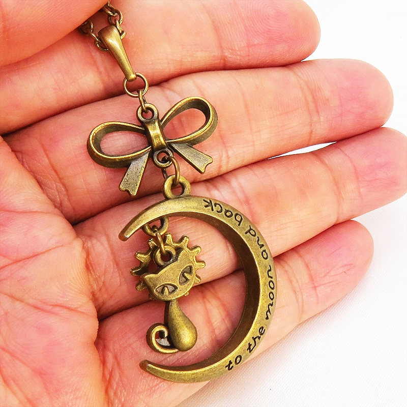 アンティークゴールド 猫と三日月の大人可愛いネックレス 大きめリボン 長さ調整可 アジャスター可