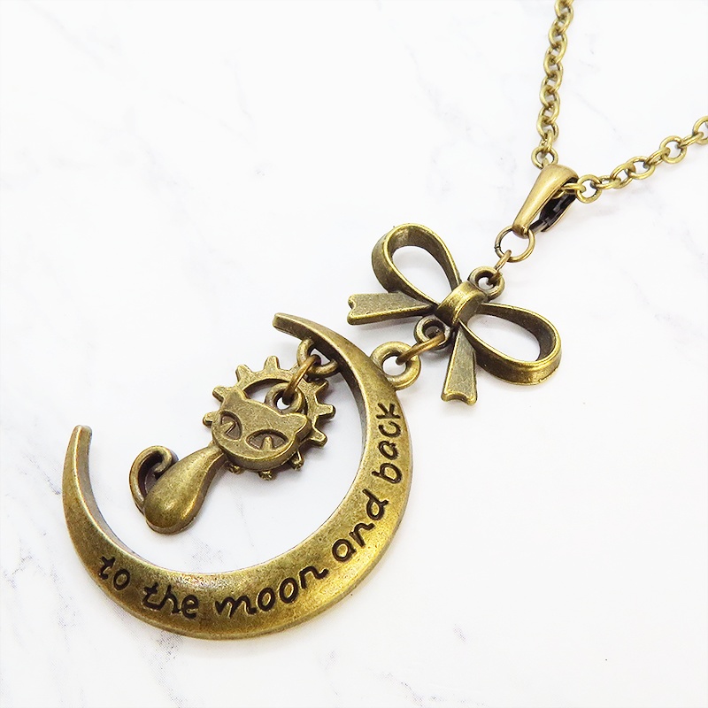 アンティークゴールド 猫と三日月の大人可愛いネックレス 大きめリボン 長さ調整可 アジャスター可
