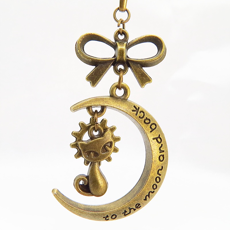 アンティークゴールド 猫と三日月の大人可愛いネックレス 大きめリボン 長さ調整可 アジャスター可