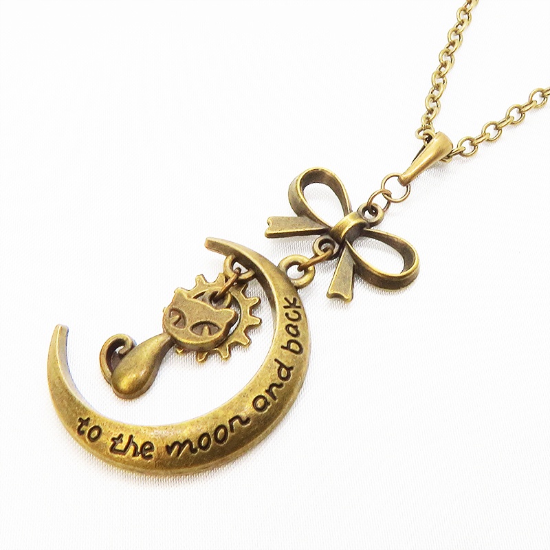 アンティークゴールド 猫と三日月の大人可愛いネックレス 大きめリボン 長さ調整可 アジャスター可