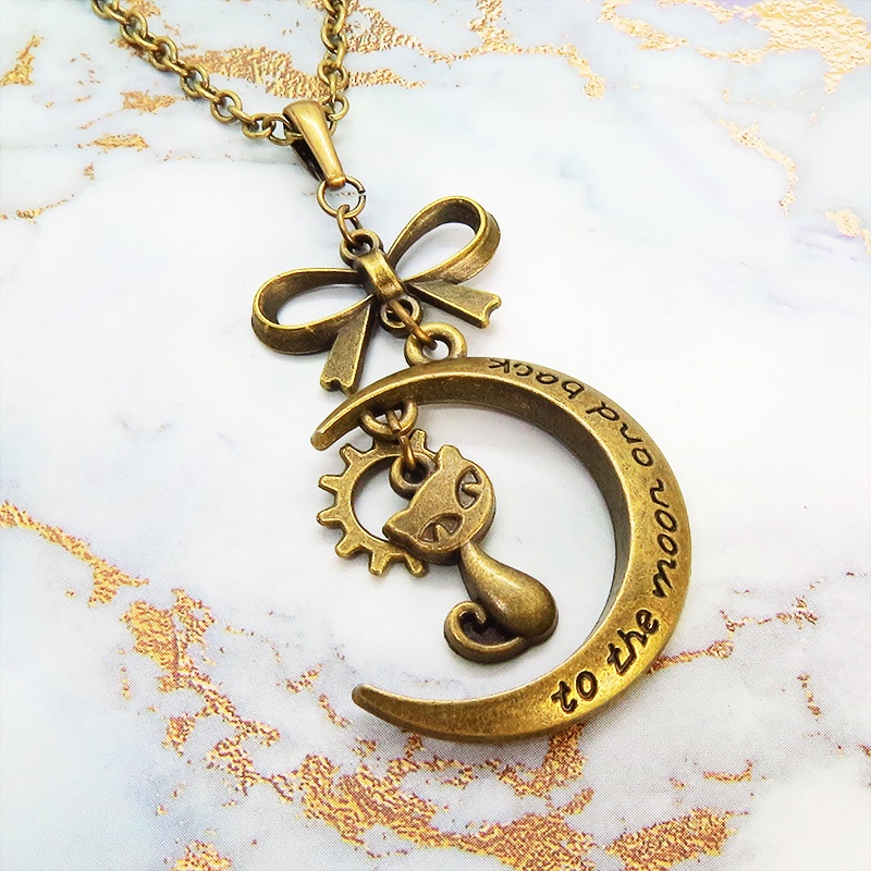 アンティークゴールド 猫と三日月の大人可愛いネックレス 大きめリボン 長さ調整可 アジャスター可