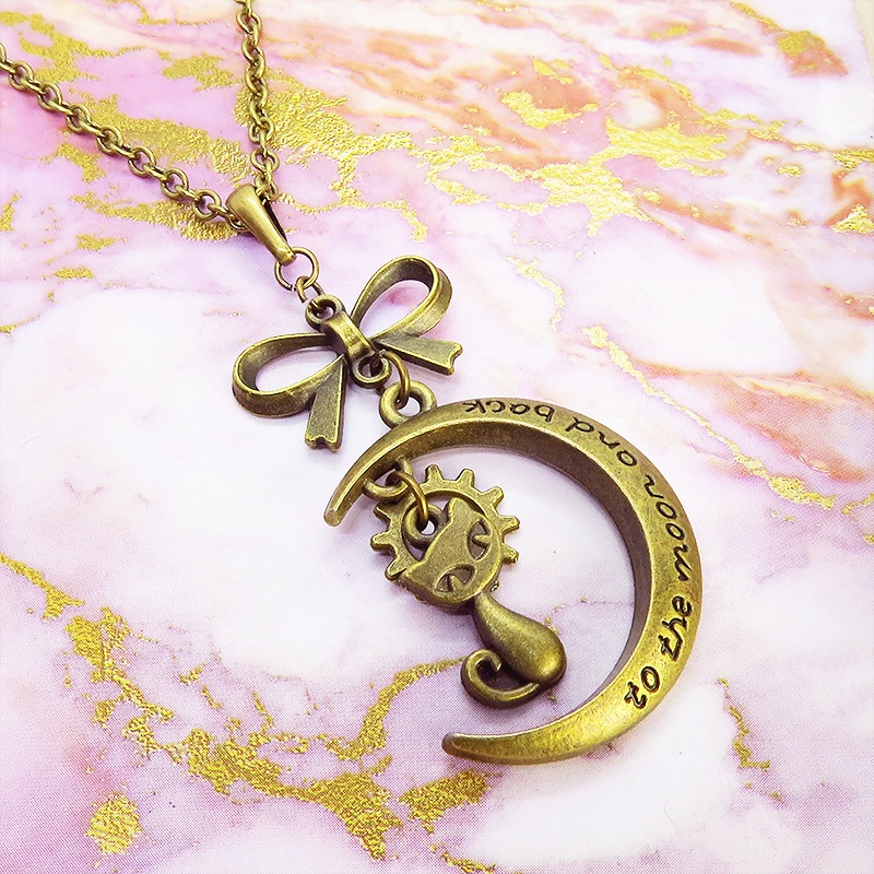 アンティークゴールド 猫と三日月の大人可愛いネックレス 大きめリボン 長さ調整可 アジャスター可