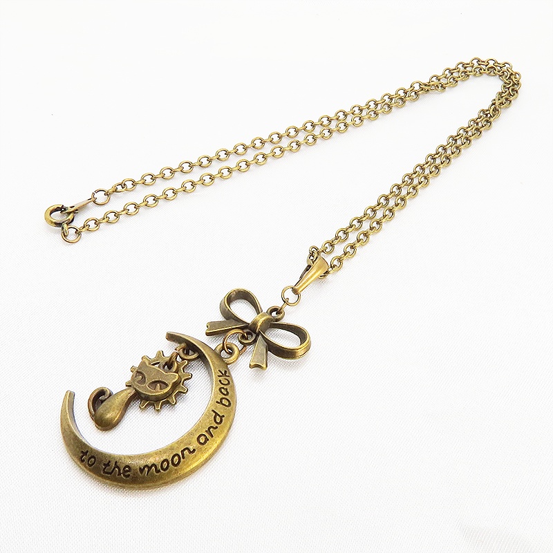 アンティークゴールド 猫と三日月の大人可愛いネックレス 大きめリボン 長さ調整可 アジャスター可