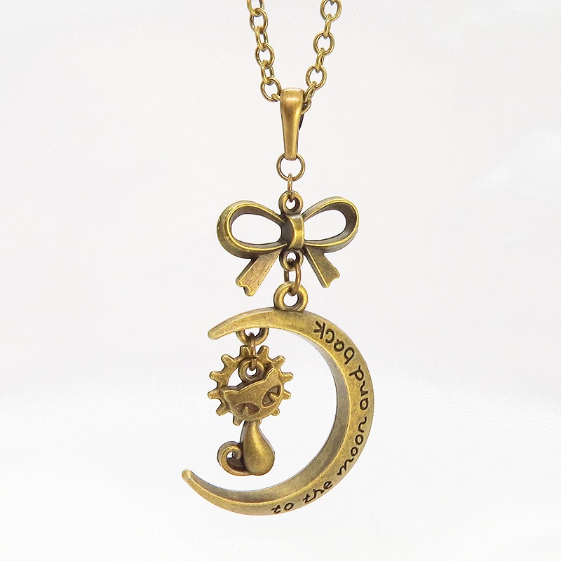 アンティークゴールド 猫と三日月の大人可愛いネックレス 大きめリボン 長さ調整可 アジャスター可