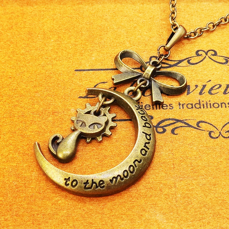 アンティークゴールド 猫と三日月の大人可愛いネックレス 大きめリボン 長さ調整可 アジャスター可