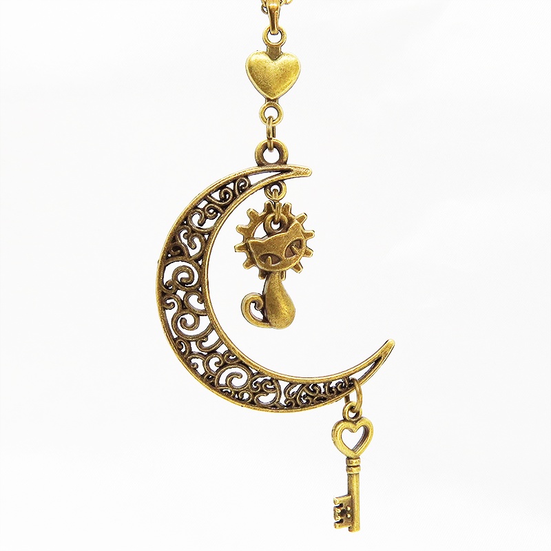 アンティークゴールド 猫とアラベスク調の透かし三日月を組合せたネックレス ハート 鍵 ムーン 大人可愛い アジャスター付