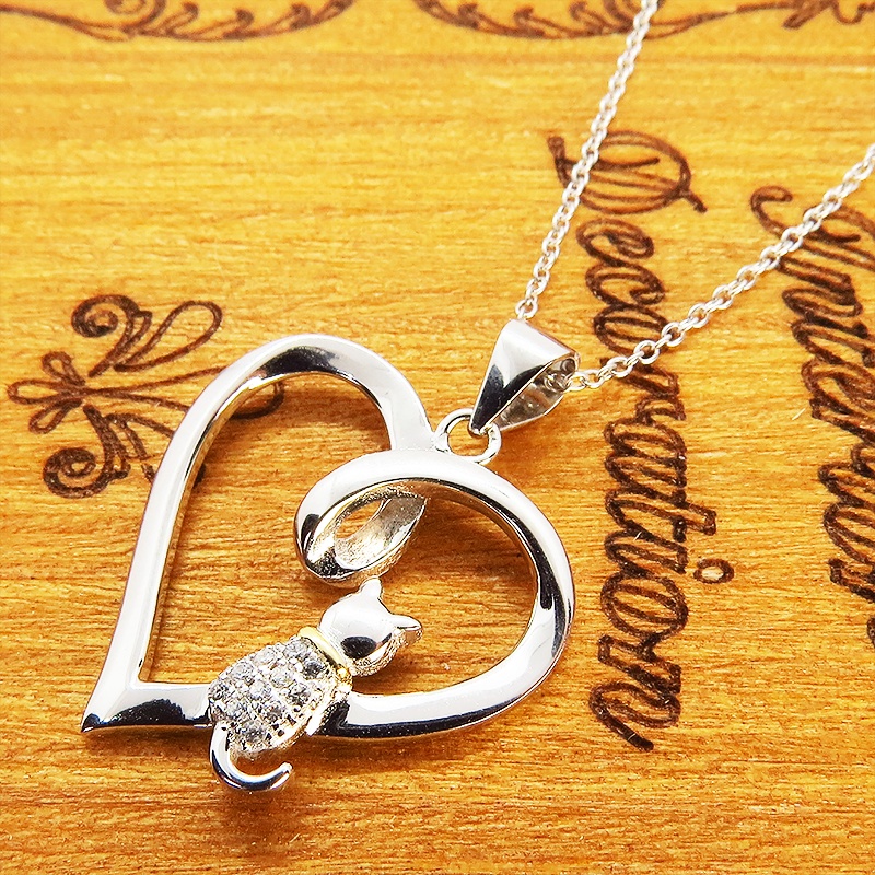 猫ネックレス オープンハートネックレス ハートに腰掛ける猫 シルバー925 キュービックジルコニア