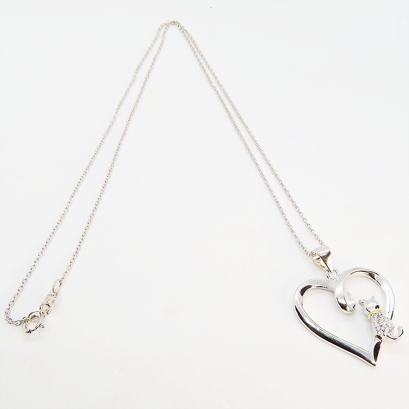 猫ネックレス オープンハートネックレス ハートに腰掛ける猫 シルバー925 キュービックジルコニア