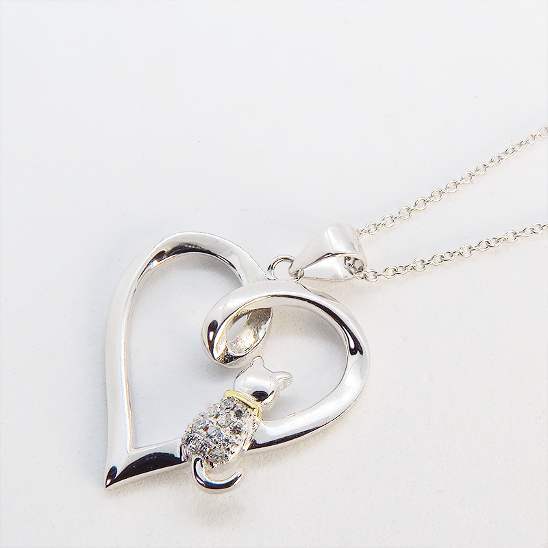 猫ネックレス オープンハートネックレス ハートに腰掛ける猫 シルバー925 キュービックジルコニア