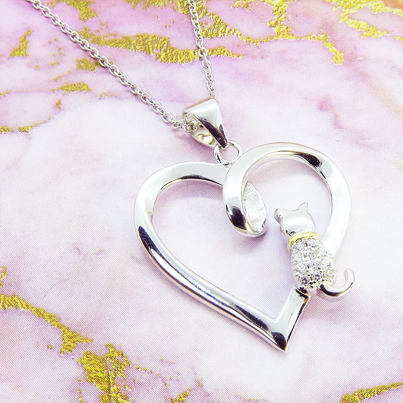 猫ネックレス オープンハートネックレス ハートに腰掛ける猫 シルバー925 キュービックジルコニア