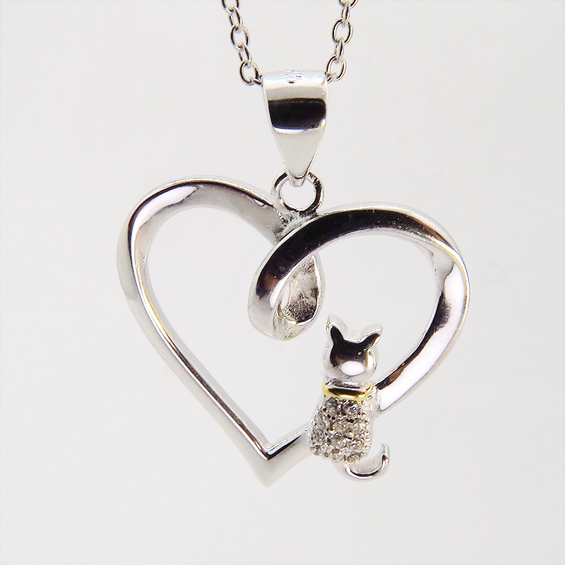 猫ネックレス オープンハートネックレス ハートに腰掛ける猫 シルバー925 キュービックジルコニア