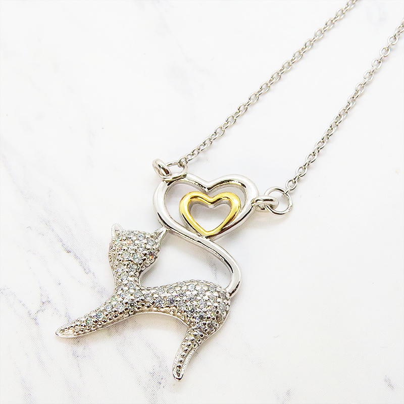 キラキラ輝く猫とハートを組み合わせたオープンハートネックレス シルバー925 キュービックジルコニア 18Kゴールドコーティング