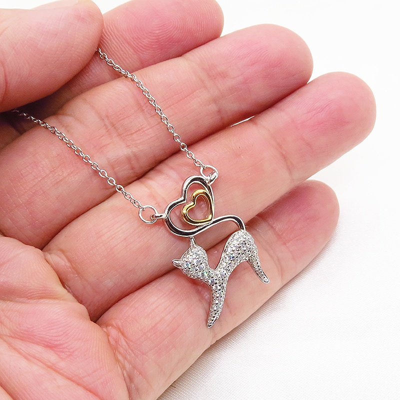 キラキラ輝く猫とハートを組み合わせたオープンハートネックレス シルバー925 キュービックジルコニア 18Kゴールドコーティング