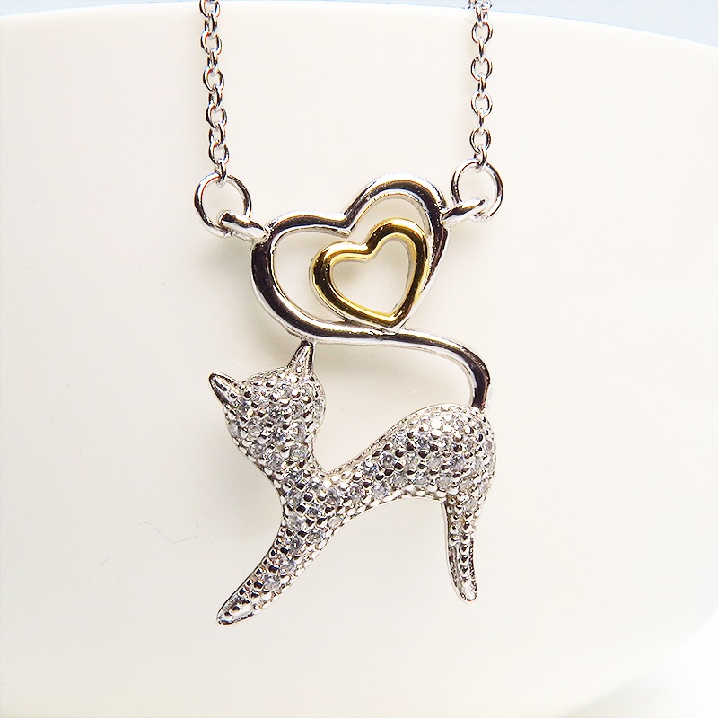 キラキラ輝く猫とハートを組み合わせたオープンハートネックレス シルバー925 キュービックジルコニア 18Kゴールドコーティング