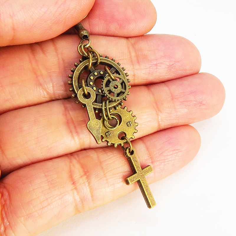 アンティークゴールド スチームパンク風ロザリオ(十字架)と歯車・ギアのピアス 時計の針