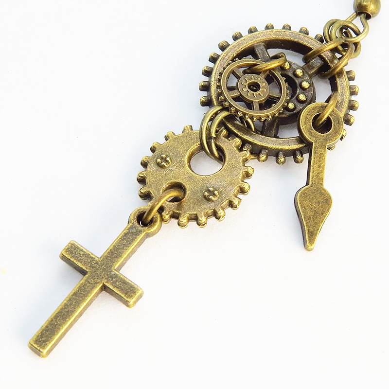 アンティークゴールド スチームパンク風ロザリオ(十字架)と歯車・ギアのピアス 時計の針