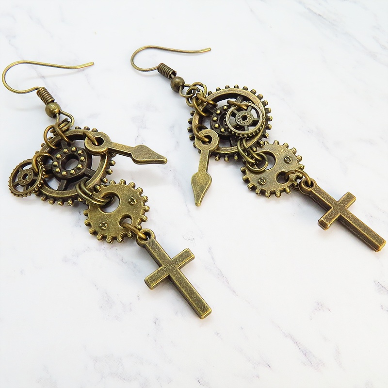 アンティークゴールド スチームパンク風ロザリオ(十字架)と歯車・ギアのピアス 時計の針