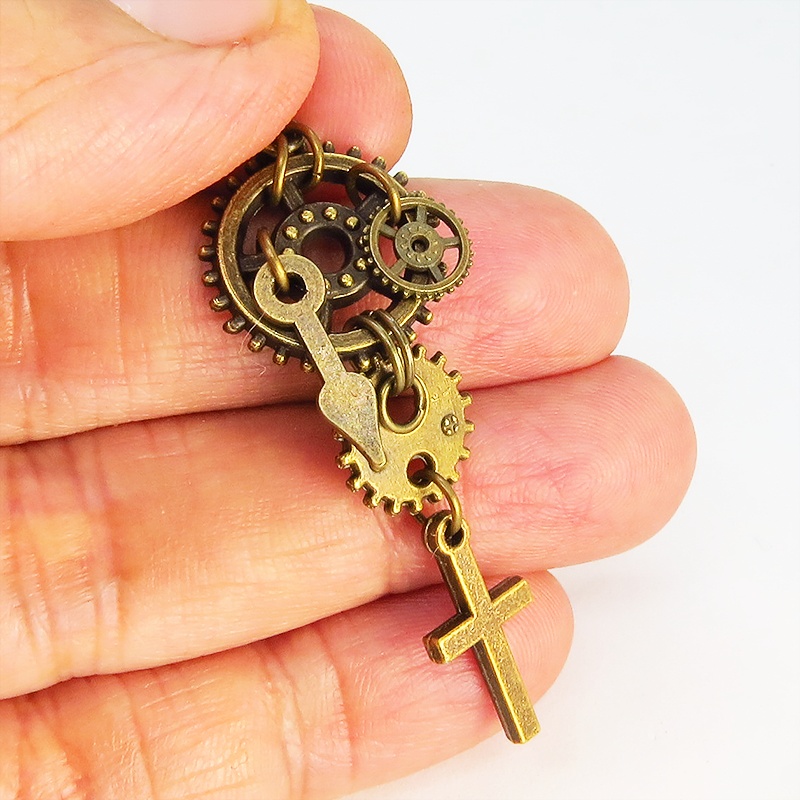アンティークゴールド スチームパンク風ロザリオ(十字架)と歯車・ギアのピアス 時計の針