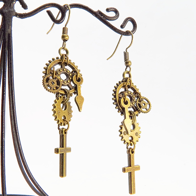 アンティークゴールド スチームパンク風ロザリオ(十字架)と歯車・ギアのピアス 時計の針