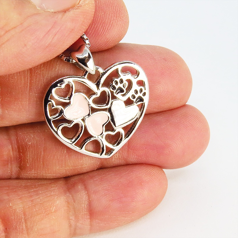 シルバー925オープンハートネックレス ハートと肉球の織りなす大人可愛いモチーフ 猫ネックレス
