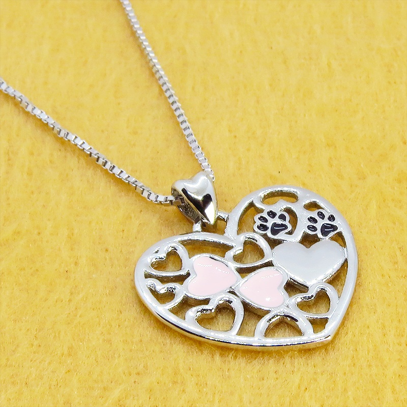 シルバー925オープンハートネックレス ハートと肉球の織りなす大人可愛いモチーフ 猫ネックレス