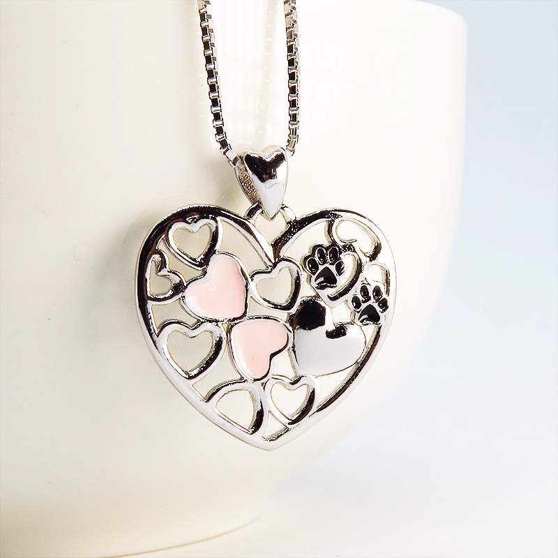 シルバー925オープンハートネックレス ハートと肉球の織りなす大人可愛いモチーフ 猫ネックレス