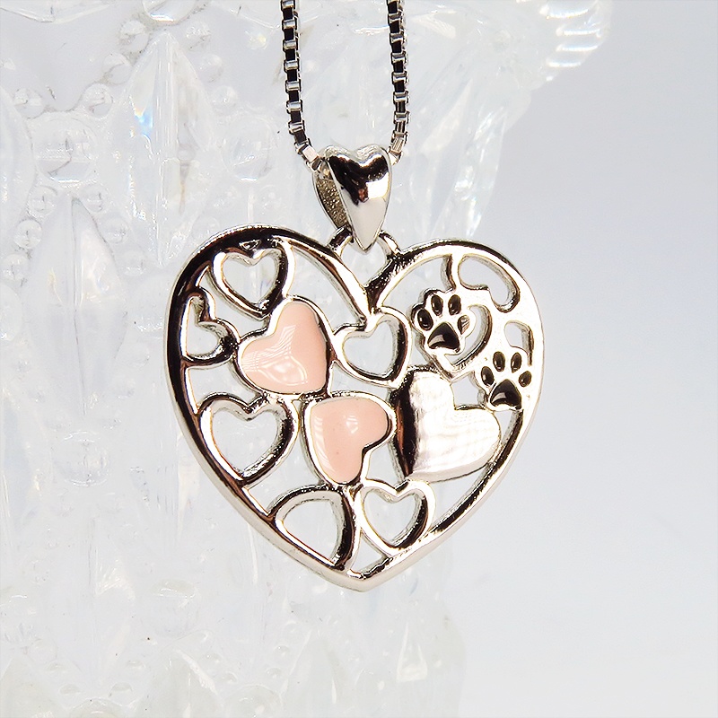 シルバー925オープンハートネックレス ハートと肉球の織りなす大人可愛いモチーフ 猫ネックレス