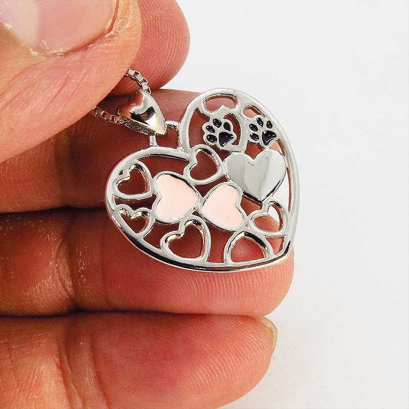 シルバー925オープンハートネックレス ハートと肉球の織りなす大人可愛いモチーフ 猫ネックレス