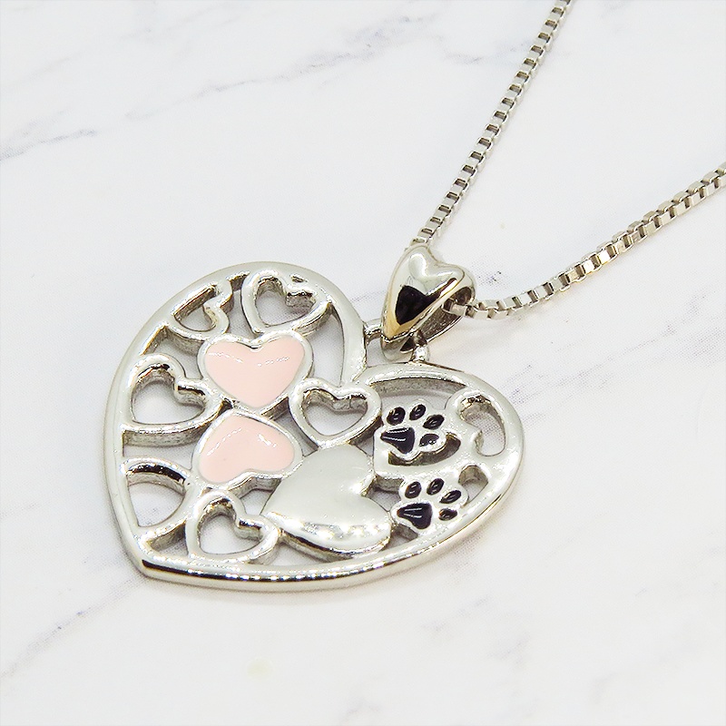 シルバー925オープンハートネックレス ハートと肉球の織りなす大人可愛いモチーフ 猫ネックレス