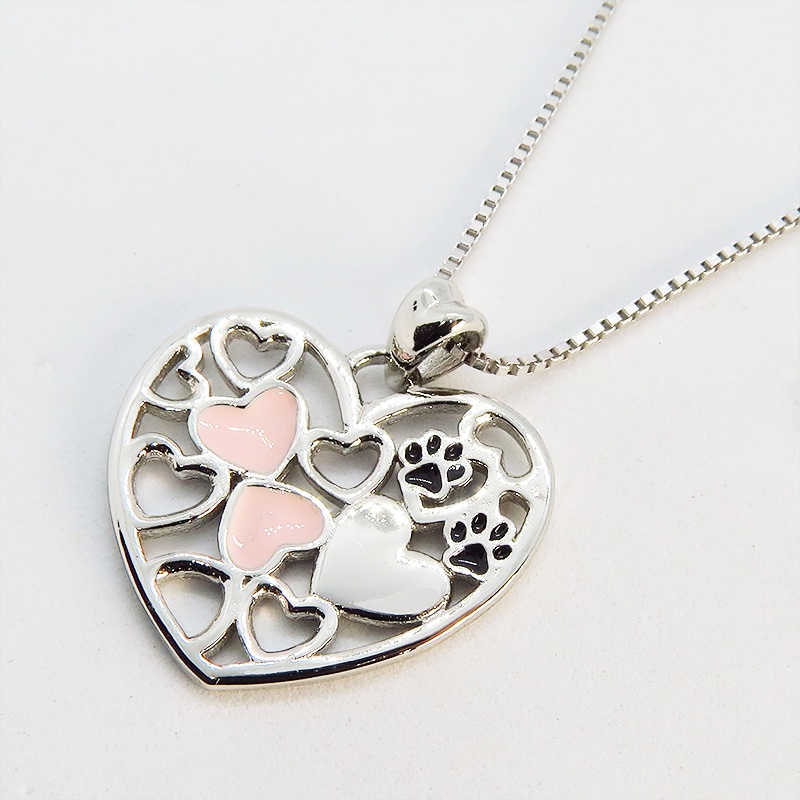 シルバー925オープンハートネックレス ハートと肉球の織りなす大人可愛いモチーフ 猫ネックレス