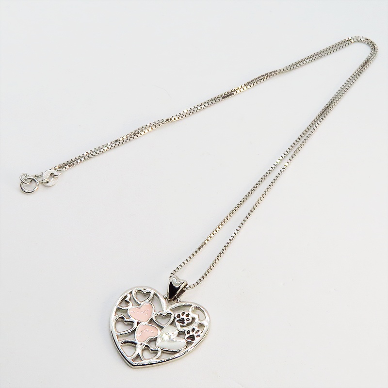 シルバー925オープンハートネックレス ハートと肉球の織りなす大人可愛いモチーフ 猫ネックレス