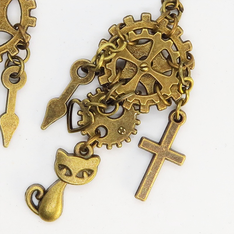 アンティークゴールド 猫と歯車・ギアのスチームパンク風アシンメトリーピアス Vol.4 ロザリオ 時計の針