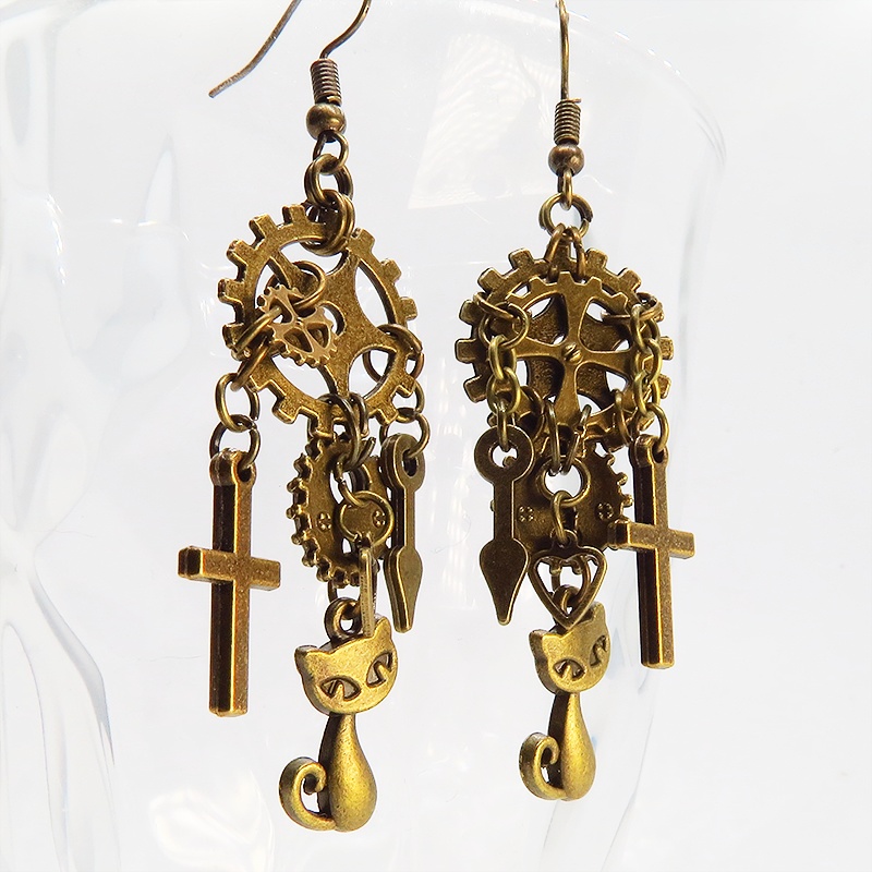 アンティークゴールド 猫と歯車・ギアのスチームパンク風アシンメトリーピアス Vol.4 ロザリオ 時計の針