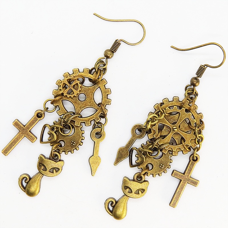 アンティークゴールド 猫と歯車・ギアのスチームパンク風アシンメトリーピアス Vol.4 ロザリオ 時計の針