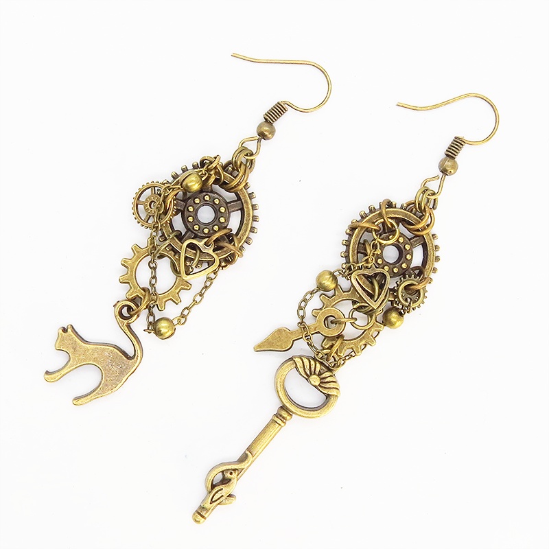 アンティークゴールド 猫と歯車・ギアのスチームパンク風アシンメトリー ピアス Vol.5 鍵 時計の針 チェーン