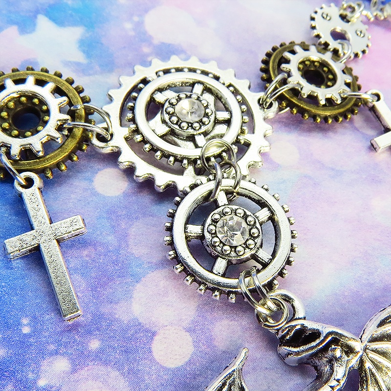 アンティークシルバー スチームパンク風ドラゴンと歯車の多層多重ネックレス スワロフスキー 長さ調整可 アジャスター付