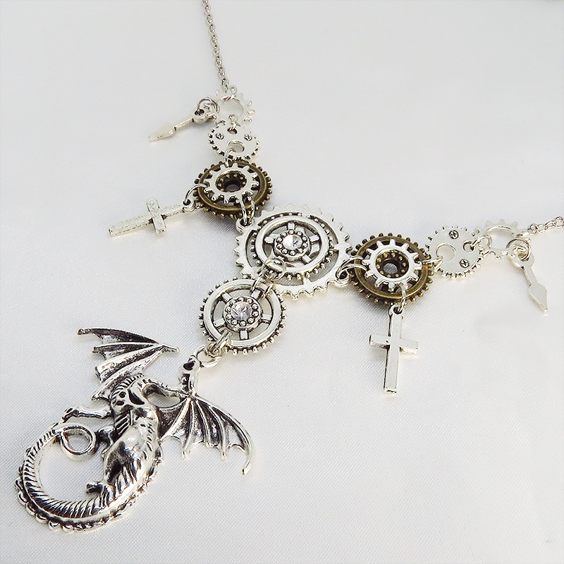 アンティークシルバー スチームパンク風ドラゴンと歯車の多層多重ネックレス スワロフスキー 長さ調整可 アジャスター付