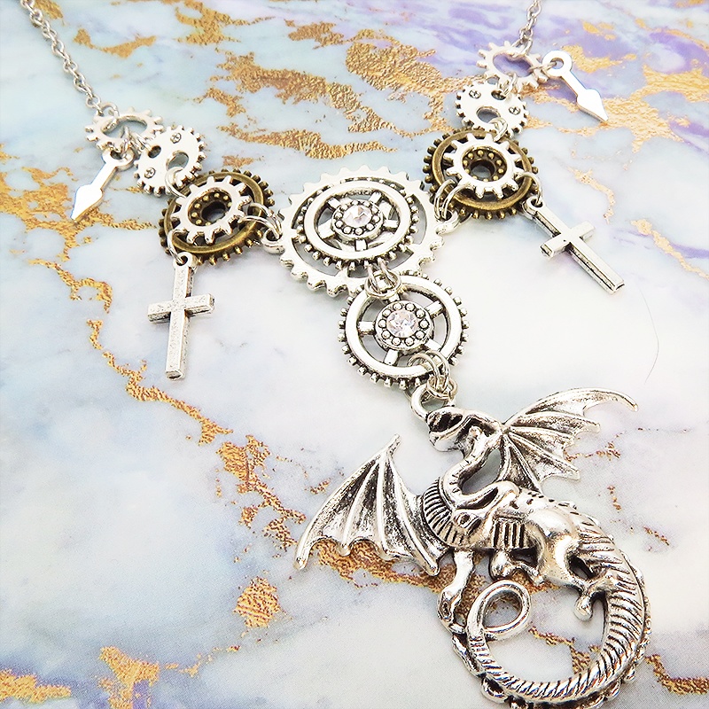 アンティークシルバー スチームパンク風ドラゴンと歯車の多層多重ネックレス スワロフスキー 長さ調整可 アジャスター付