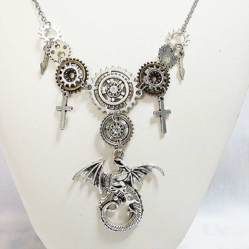 アンティークシルバー スチームパンク風ドラゴンと歯車の多層多重ネックレス スワロフスキー 長さ調整可 アジャスター付