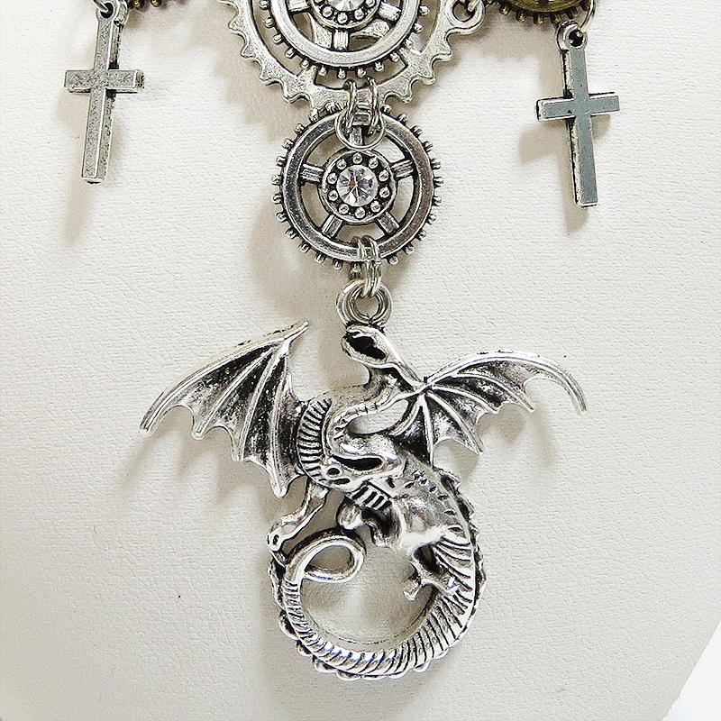 アンティークシルバー スチームパンク風ドラゴンと歯車の多層多重ネックレス スワロフスキー 長さ調整可 アジャスター付