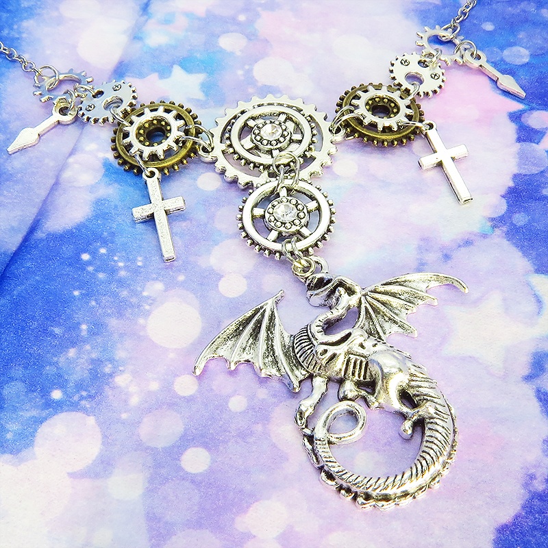 アンティークシルバー スチームパンク風ドラゴンと歯車の多層多重ネックレス スワロフスキー 長さ調整可 アジャスター付