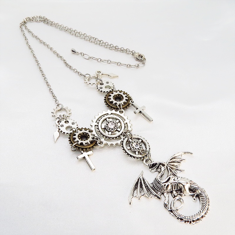 アンティークシルバー スチームパンク風ドラゴンと歯車の多層多重ネックレス スワロフスキー 長さ調整可 アジャスター付