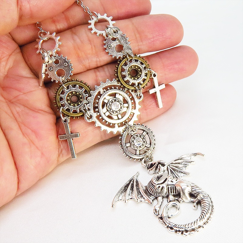 アンティークシルバー スチームパンク風ドラゴンと歯車の多層多重ネックレス スワロフスキー 長さ調整可 アジャスター付