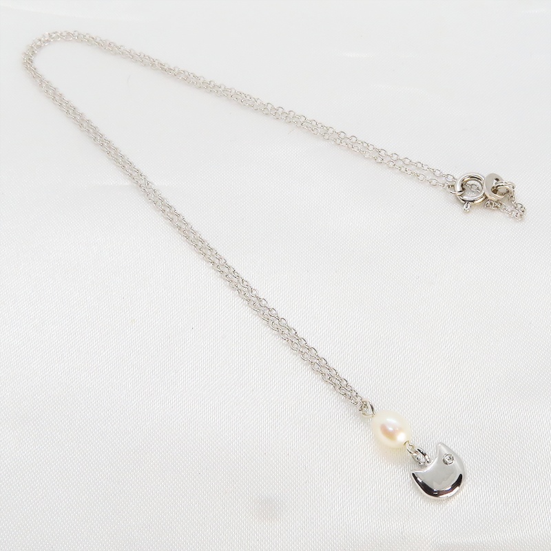 猫フェイスのかわいいネックレス シルバー925 淡水パール スワロフスキー 大人可愛い