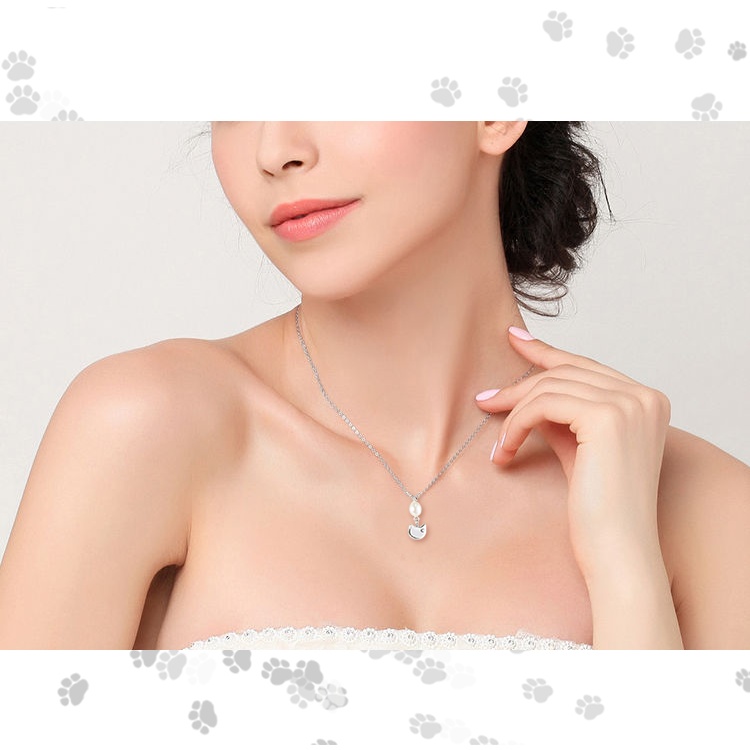 猫フェイスのかわいいネックレス シルバー925 淡水パール スワロフスキー 大人可愛い