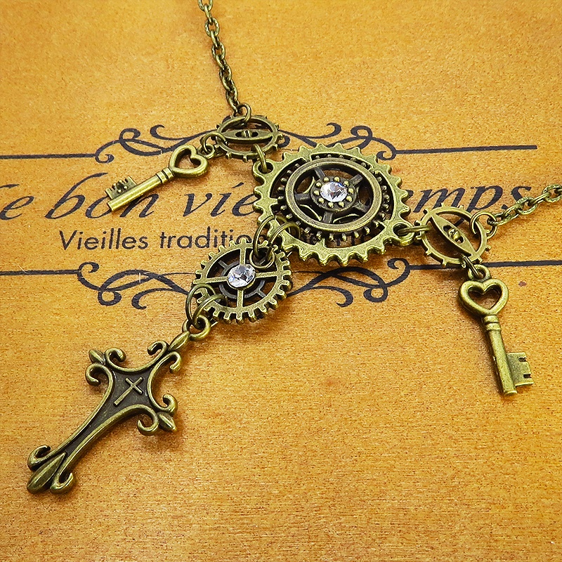 アンティークゴールド ロザリオと歯車の多重多層スチームパンク風ネックレス ゴシック 鍵 スワロフスキー 長さ調節可