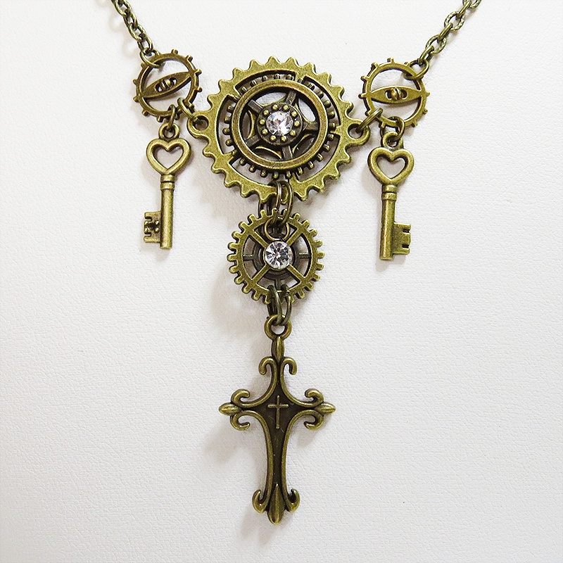 アンティークゴールド ロザリオと歯車の多重多層スチームパンク風ネックレス ゴシック 鍵 スワロフスキー 長さ調節可