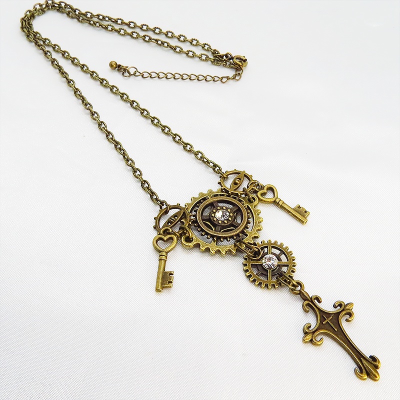 アンティークゴールド ロザリオと歯車の多重多層スチームパンク風ネックレス ゴシック 鍵 スワロフスキー 長さ調節可