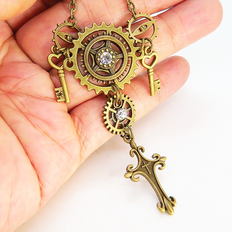 アンティークゴールド ロザリオと歯車の多重多層スチームパンク風ネックレス ゴシック 鍵 スワロフスキー 長さ調節可